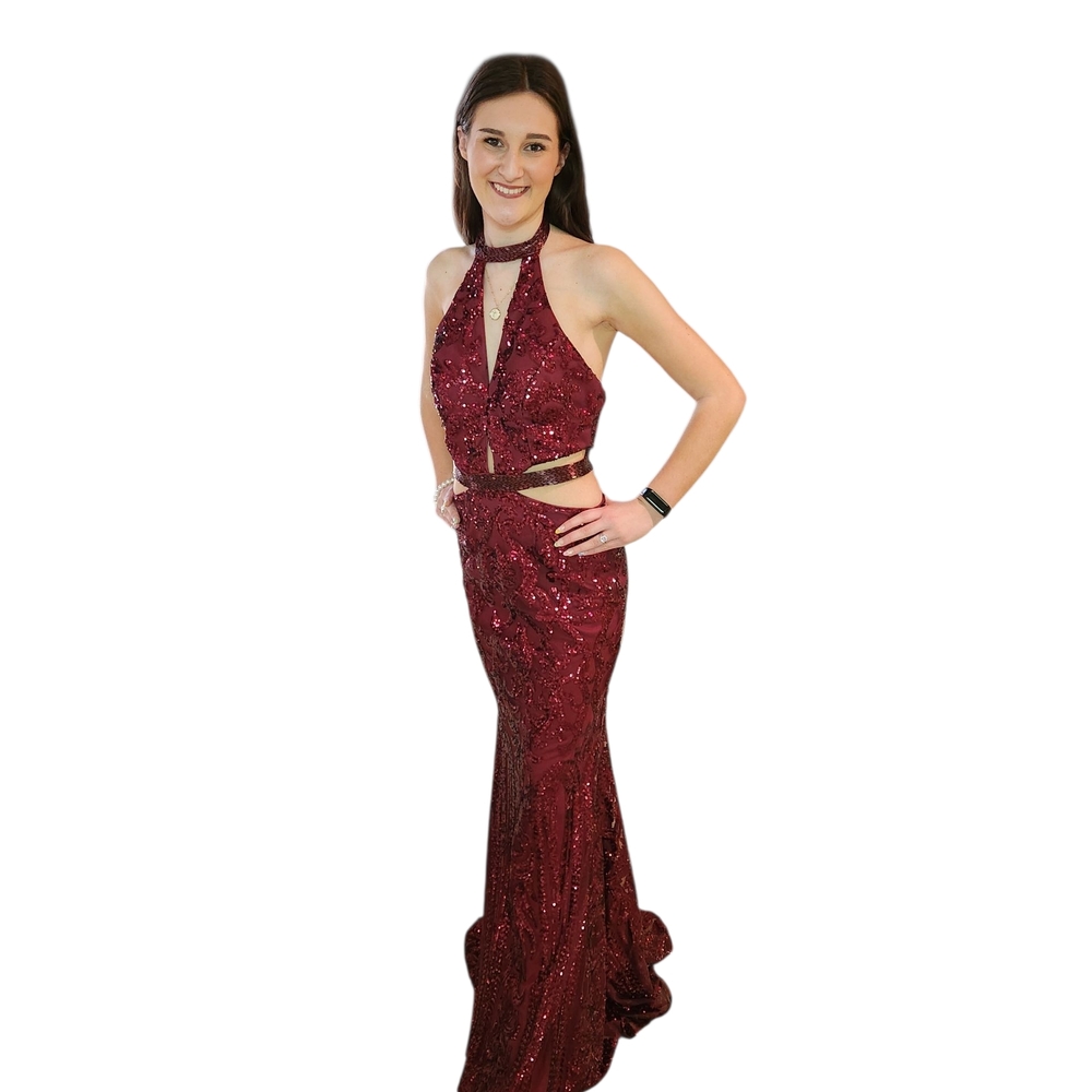 Rachel Allan Burgundy Sequin Gown